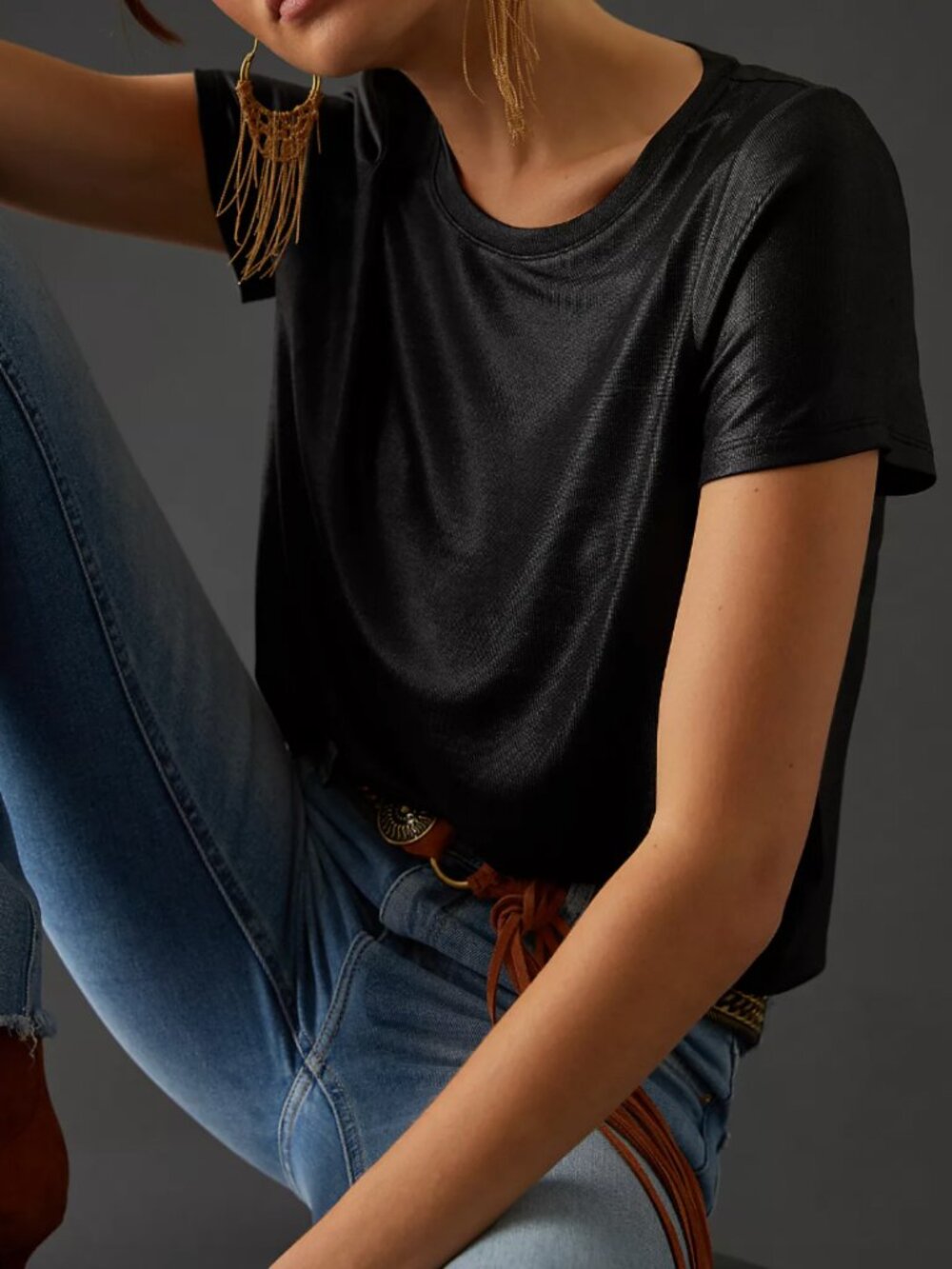 Anthropologie Porridge Shine Glam Tee Semi Sheer Black Size M EUC